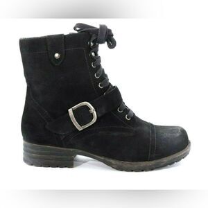 Tara M Teagan Moto Black Mid Calf Suede Rustic Buckle Boots